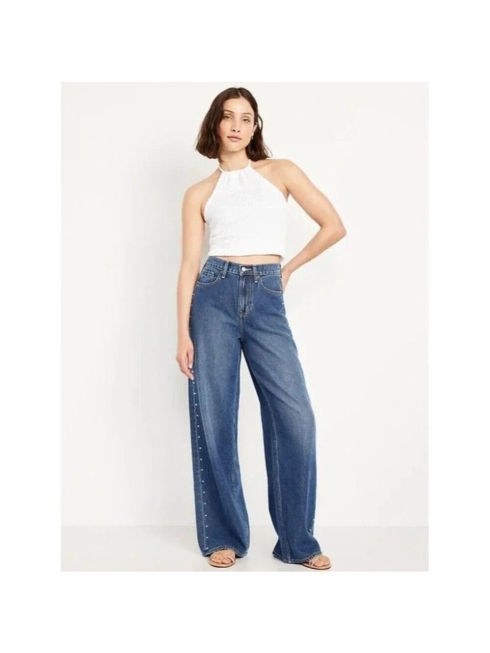 Old Navy Womens High-Rise Baggy Wide-Leg Drapey Denim Jeans Size 14 Blue Studded